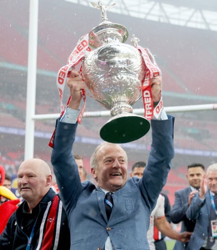 Neil Hudgell celebrates with the Challenge Cup trophy at Wembley.