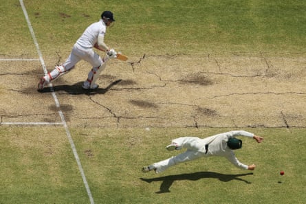 Ben Stokes guides the ball past a diving Steve Smith on his way to a defiant century on the final day at the Waca.