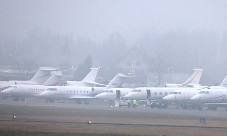 Private jets are parked up at a Swiss air force base in Dübendorf during the 2020 World Economic Forum meeting in Davos, Switzerland