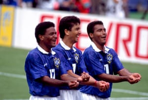 Mazinho (left), Bebeto (centre) and Romário celebrate Bebeto’s goal with their now famous baby-rocking celebration.