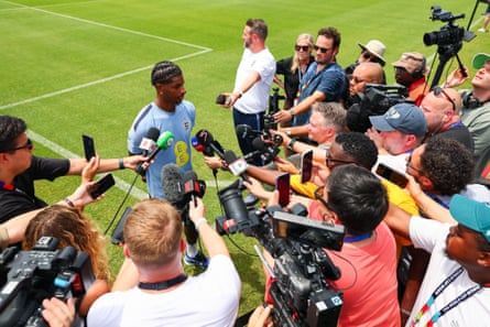 Marcus Rashford speaks to the media at England’s training base in Kansas City.