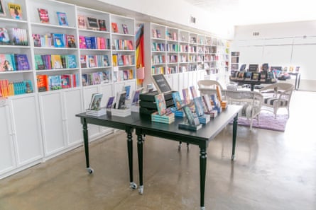 bookshop interior with bright colors and white shelves