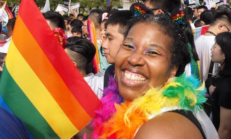 A woman from the US participates in the annual LGBT Pride march in Taipei, Taiwan