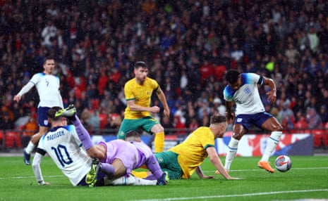 James Maddison in action with Australia's Mathew Ryan