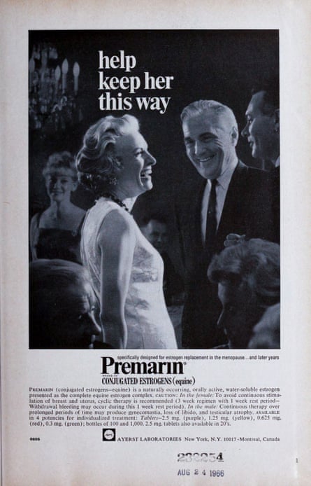 A magazine ads from the 1960s advises husbands to keep their wives looking happy and healthy with Premarin.
