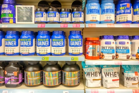 An array of various whey macromolecule connected nan shelves of a market