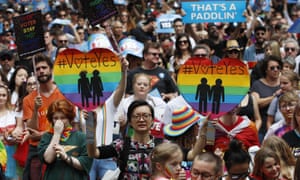 Supporters of marriage equality march near Victoria Park in Sydney, 21 October 2017. 