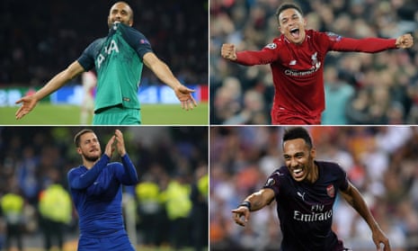 Clockwise from top left: Tottenham’s Lucas Moura, Liverpool’s Trent-Alexander Arnold, Arsenal’s Pierre-Emeric Aubameyang