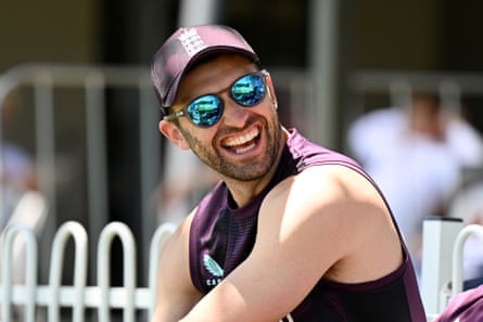A happy Mark Wood watches England’s practice match against the Lions at Lilac Hill on Saturday