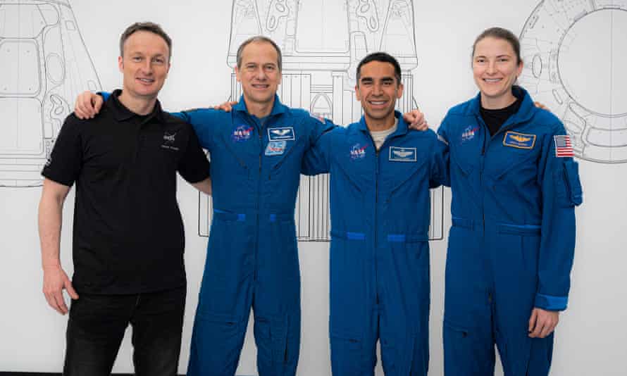 (L-R) Matthias Maurer, Thomas Marshburn, Raja Chari and Kayla Barron pose for a portrait during preflight training at SpaceX headquarters in Hawthorne, California.
