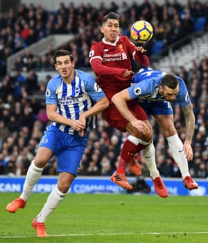 Liverpool’s Roberto Firmino in action with Brighton’s Shane Duffy and Lewis Dunk during the 1 v 5 defeat at the AMEX stadium Brighton.Since his Premier League debut in August 2015, Roberto Firmino has netted 26 goals in the competition, more than any other Liverpool player.