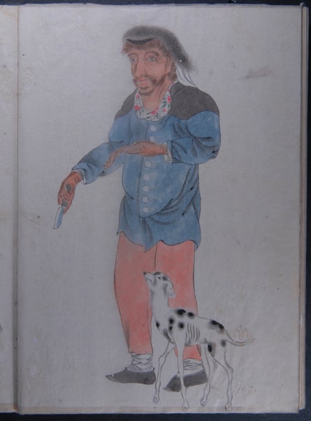 A watercolour by samurai Makita Hamaguchi showing one of the sailors with a dog from the ship that ‘did not look like food. It looked like a pet.’