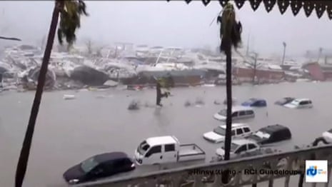 A video released by RCI Guadeloupe shows flooded streets and damage on St Martin, filmed from a terrace of the Beach Plaza hotel.