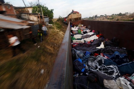 An open wagon of a freight train in Michoacan state, 17 April