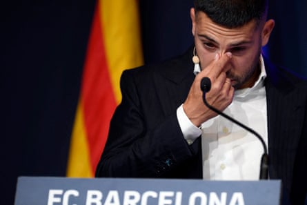 An emotional Jordi Alba delivers a speech during his farewell event at the Camp Nou this month.