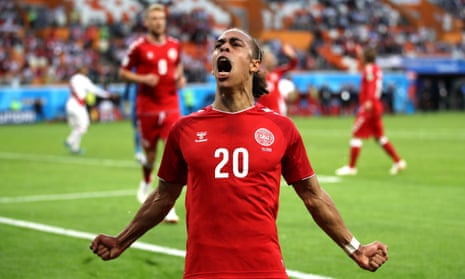 Yussuf Yurary Poulsen of Denmark celebrates after scoring his team’s first goal.