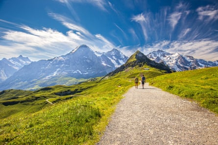 Two people on a broad path hiking towards snowy mountains