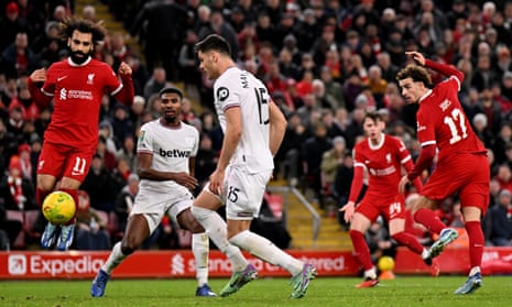 Liverpool’s Curtis Jones scores their fifth goal against West Ham.
