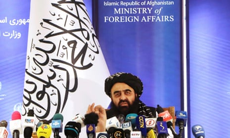 Taliban acting foreign minister Amir Khan Muttaqi speaks at a press conference in Kabul