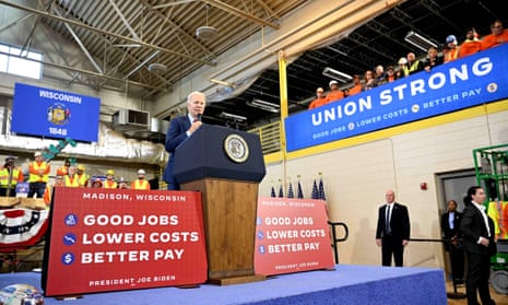 US President Joe Biden speaks about his economic plan at LIUNA Training Center in DeForest, Wisconsin, this afternoon.