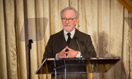 Steven Spielberg speaking at a ceremony marking the 30th anniversary of the USC Shoah Foundation.