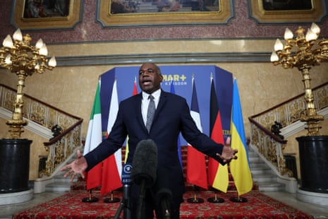 Britain’s foreign secretary David Lammy addresses the media ahead of the Weimar+ meeting on Ukraine at Lancaster House in London.