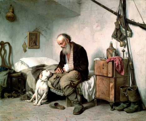 A painting depicting an elderly man with a beard and his left arm in cast, sitting on a bed looking down at a white dog.