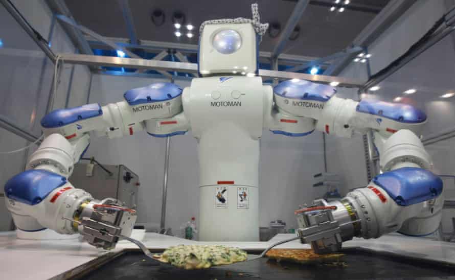 The Okonomiyaki Robot cooks a traditional Japanese pancake: it has 15 joints, can take verbal orders from customers and use standard kitchen utensils