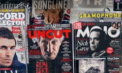 Music magazines on shelf.