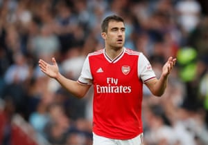 Arsenal’s Sokratis Papastathopoulos reacts to the decision.