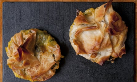 A flaky chard and Waterloo tart cracking open to reveal soft chard