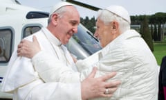 Pope Francis embracing Pope Emeritus Benedict XVI as he arrived at Castel Gandolfo summer residence in 2013.