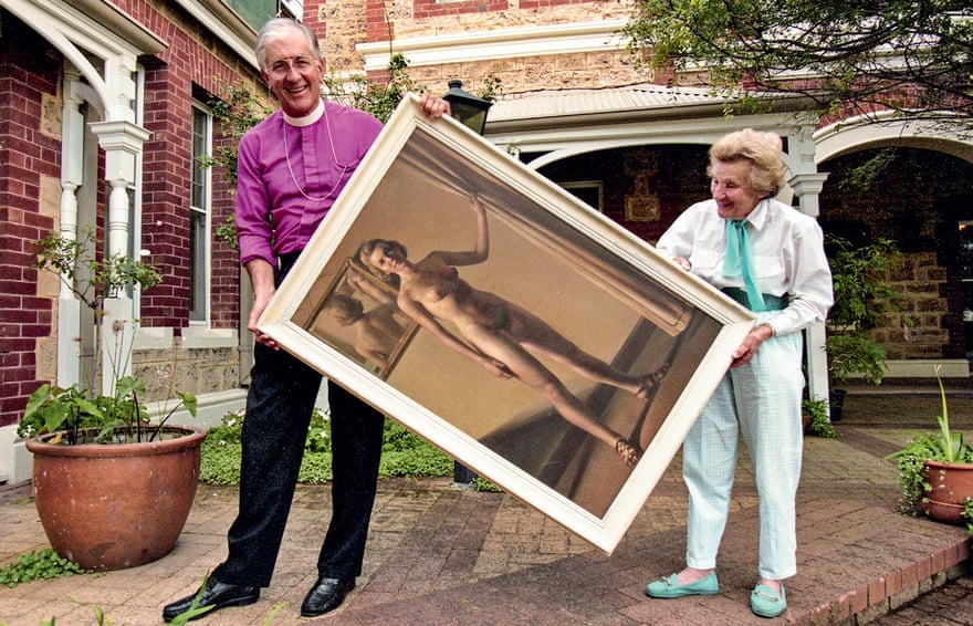 In 1997, Sheila Cruthers’ collection was displayed in Archbishop Peter Carnley’s residence to raise money for breast cancer research. They stand here with Freda Robertshaw’s 1940 painting Standing Nude.