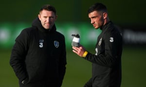 Troy Parrott chats to Republic of Ireland assistant coach Robbie Keane during a training session on Wednesday.