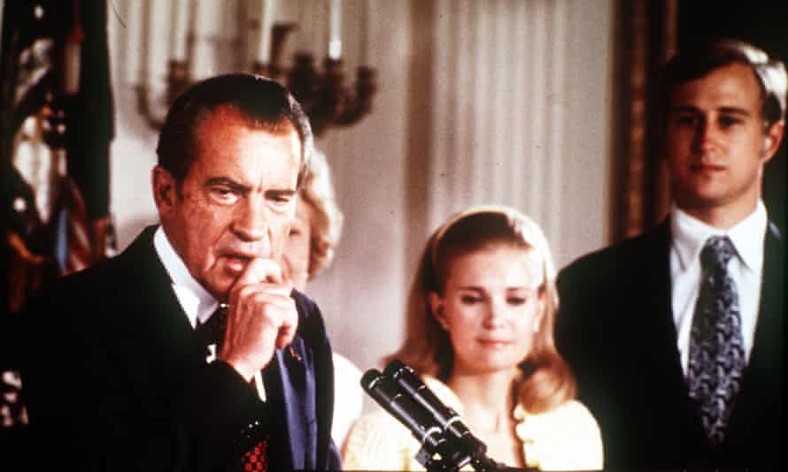 President Nixon makes his resignation speech alongside his family in 1974 … Spark’s Watergate satire, The Abbess of Crewe, was published in the same year.