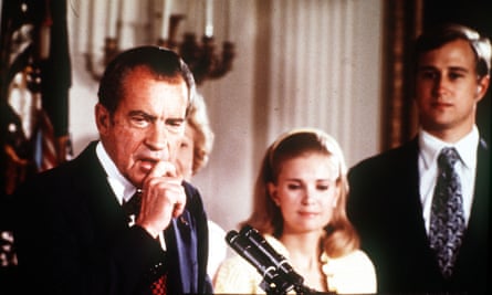 President Nixon makes his resignation speech alongside his family in 1974 … Spark’s Watergate satire, The Abbess of Crewe, was published in the same year.