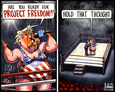 Donald Trump in a wrestling ring asking if people are ready for Project Freedom, then saying ‘hold that thought’