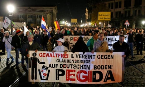The Pegida march through Dresden on Monday.