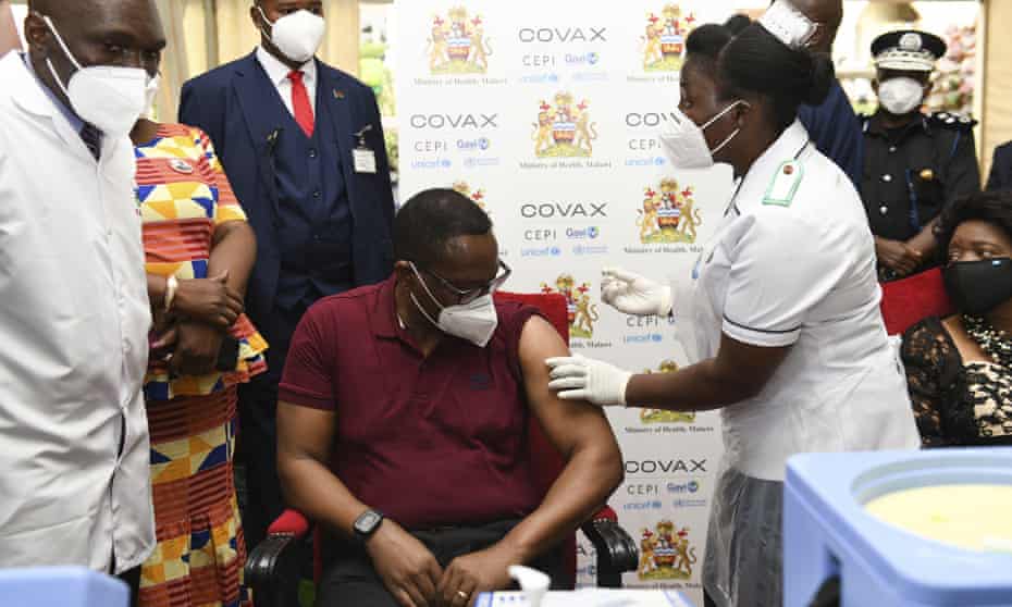 Malawi’s president, Lazarus Chakwera, receives an AstraZeneca vaccine