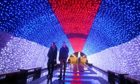 A festive light tunnel in the colours of the Serbian flag in Belgrade.
