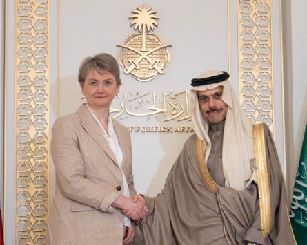 The UK foreign secretary, Yvette Cooper, meets her Saudi counterpart, Faisal bin Farhan Al Saud, in Riyadh in March.