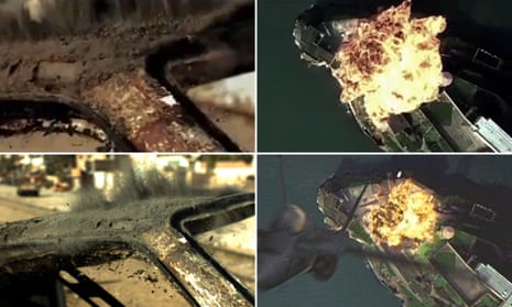 Top left: grab from PLA airforce video; bottom left: grab from The Hurt Locker. Top right: grab from PLA airforce video; bottom right: grab from 1996 move The Rock.