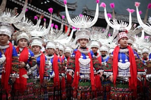 Leishan county, China. Women from the Miao people, a minority ethnic group, take part in the Kuzang festival