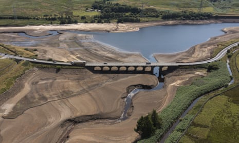 Woodhead reservoir in Derbyshire, where months of below-average rainfall has brought levels to record lows.