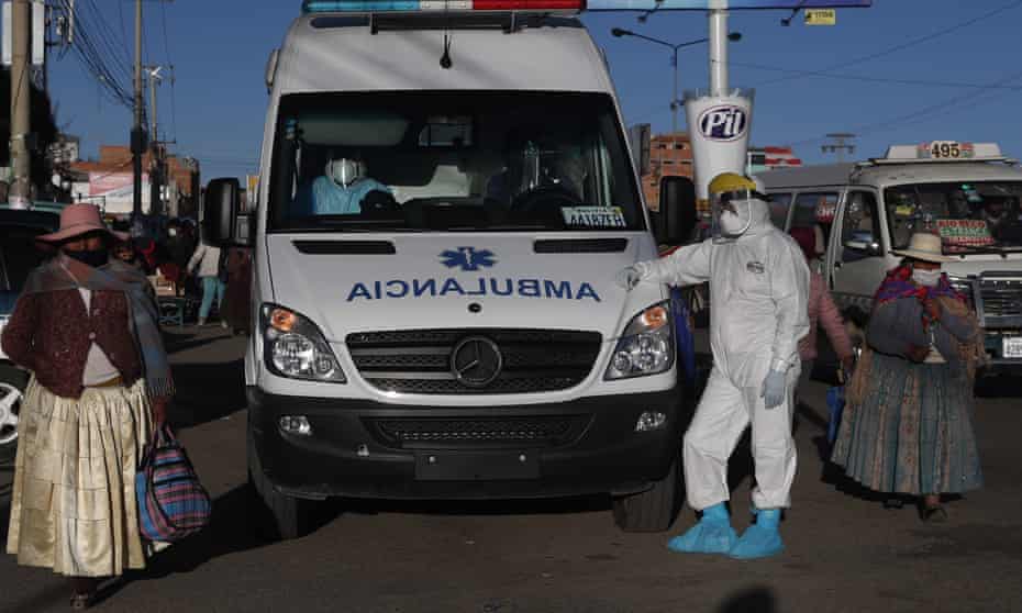 An ambulance at a hospital in El Alto, Bolivia. An ambulance medic was among three health workers to be infected by a patient in neighbouring La Paz.