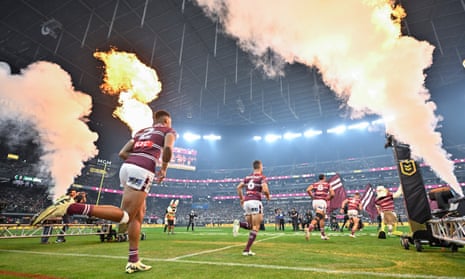 Manly take the field for the second half in the NRL match against South Sydney at Allegiant Stadium.