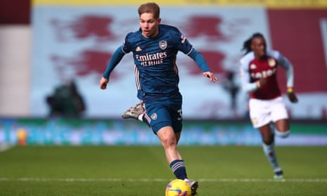 Emile Smith Rowe playing for Arsenal at Aston Villa last February