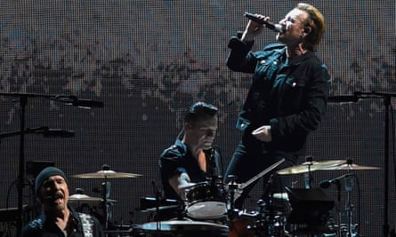 Bono, right, Larry Mullen Jr and Edge during a U2 concert in Mumbai in 2019.