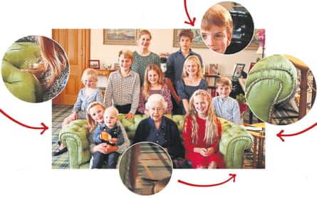 Prince Louis, on the far right, has been moved back. His shirt stripes are replicated under the front of the arm of the settee, the cabling on the carpet disappears oddly, and both his highly-lit head and the flowers beside him have a sharp, cut-out edge. On the left the curls of the hair of Mia Tindall are repeated exactly on the upholstery, draping as she leans around the head of her baby brother, Lucas.