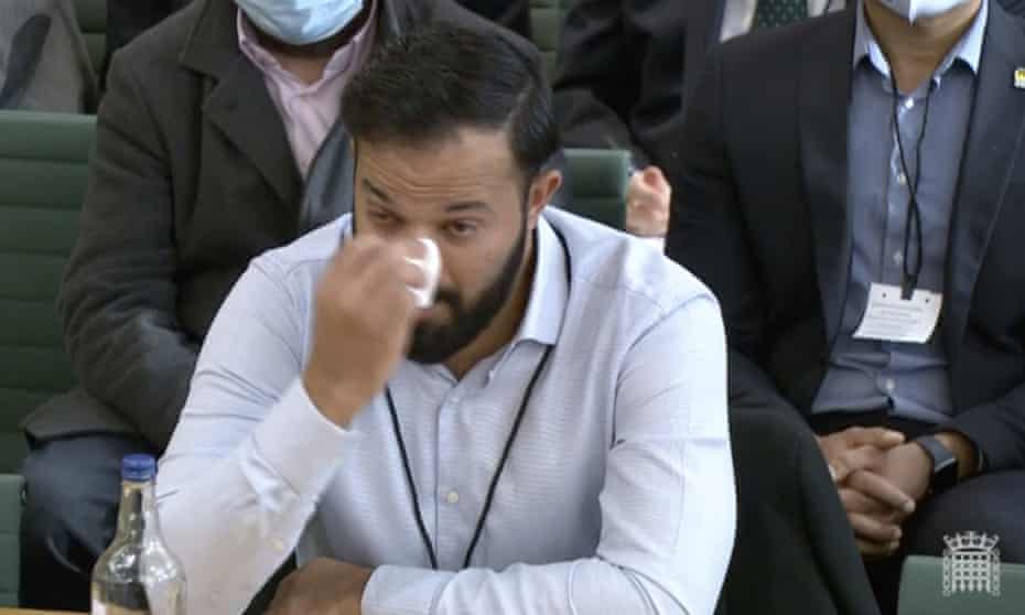 Azeem Rafiq crying while giving evidence to the digital, culture, media and sport committee in November.